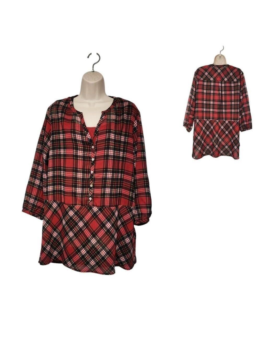 KC Khaki & Co Notched V-Neck 3/4 Sleeve Sheer Red Plaid Blouse Size XL